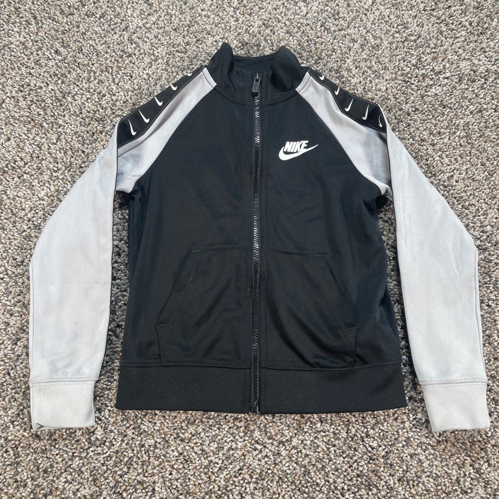 Nike Boys Size 6 Track Jacket Black Grey Swoosh Logo Taping Full Zip